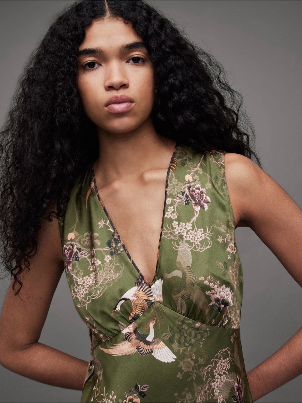 AllSaints Karla Peggy Olive Green Floral V-Neck Maxi Dress - Picture 3 of 7